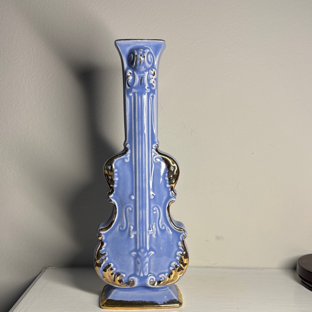Vintage Ceramic Violin Shaped Vase with Gold Accents